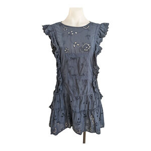 Misa Size Medium Marieta Shift Mini Dress Navy Eyelet Tasseled Flutter Sleeves